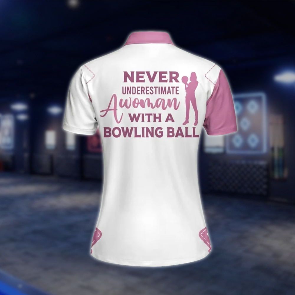 Never Underestimate An Old Women With A Bowling Ball Custom Name Bowling Polo Shirt, Custom Funny Bowling Shirt For Ladies White Pink BW0026 BOW0276