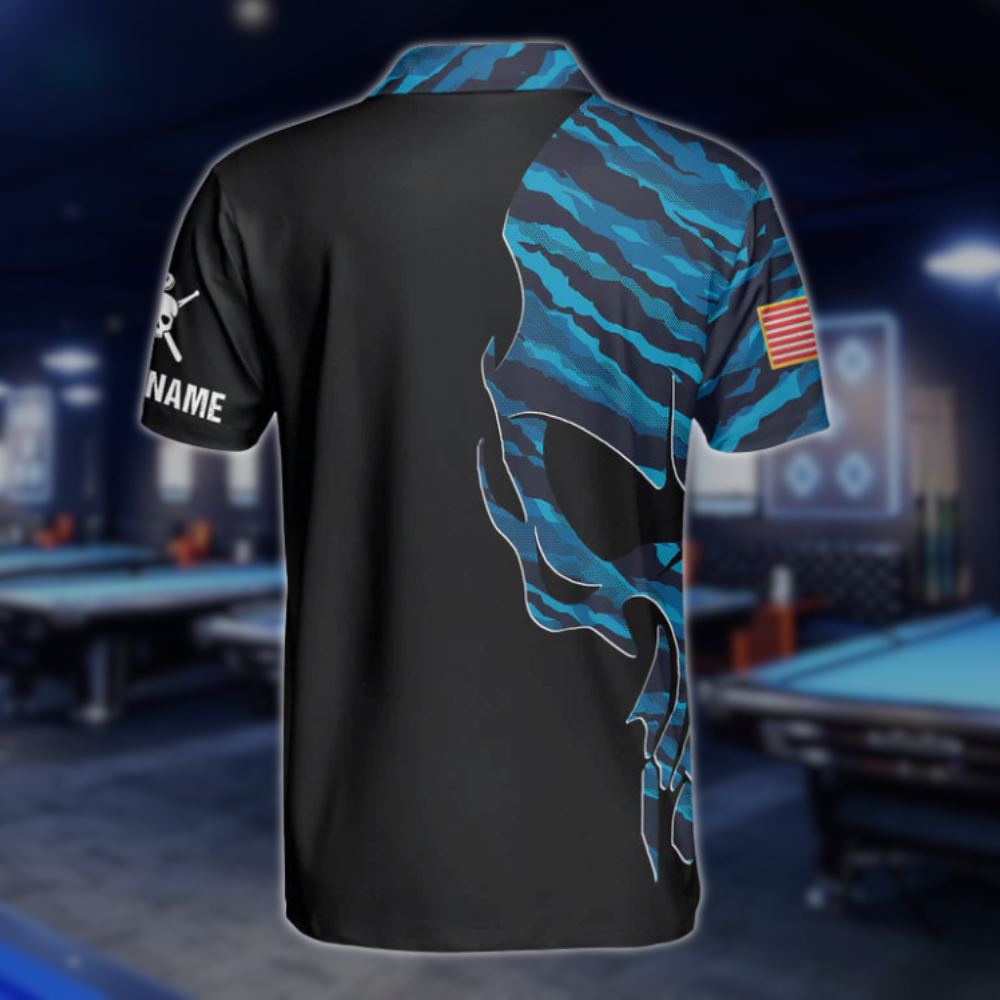 Skull Blue Camouflage Custom Billiard Polo Shirts for Men, Custom Skull Billiard Shirts BLD0032