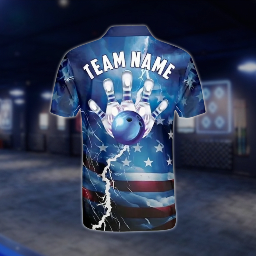 Custom USA Flag Blue Bowling Polo Shirts For Men, Custom Patriotic Bowling Team Shirts BO0380 BOW0447