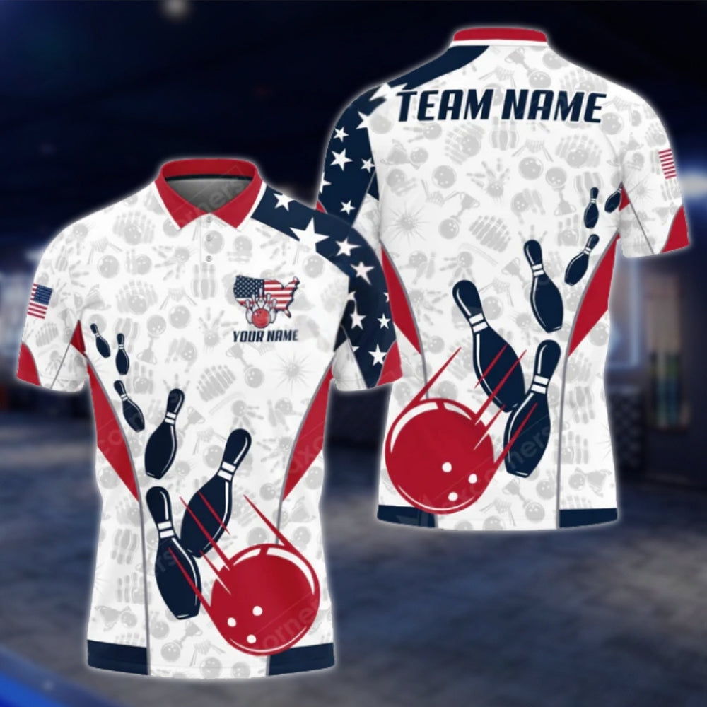 Custom USA Flag Blue Red Black Bowling Polo Shirt For Mens, Custom Team Patriot Bowling Shirts BO0332 BOW0258