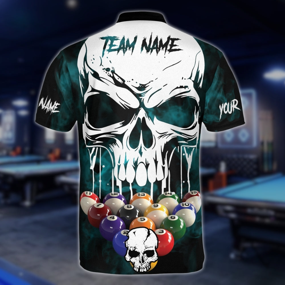 Custom Skull Cyan Billiard Men Jersey, Custom Skull Pool Billiard Shirts Team BLD0022