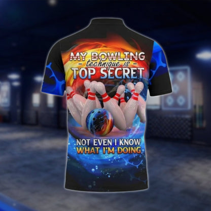 My Bowling Technique Is Top Secret Not Even I Know What I'm Doing Custom Flame Bowling Mens Polo Shirt, Custom Funny Bowling Shirts SO0877 BOW0399