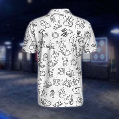 Bowling Pattern White Black Bowling Polo Shirt For Men, Men's Bowling Shirts BO0286 BOW0440