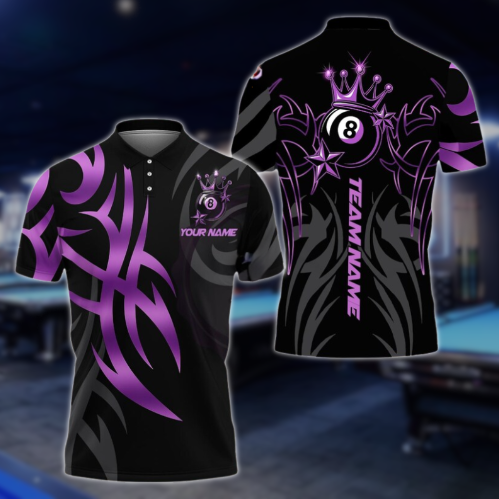 Custom King 8 Ball Black And Gold Billiard Polo Shirt Mens, Custom 8 Ball Pool Team Shirts BLD0126