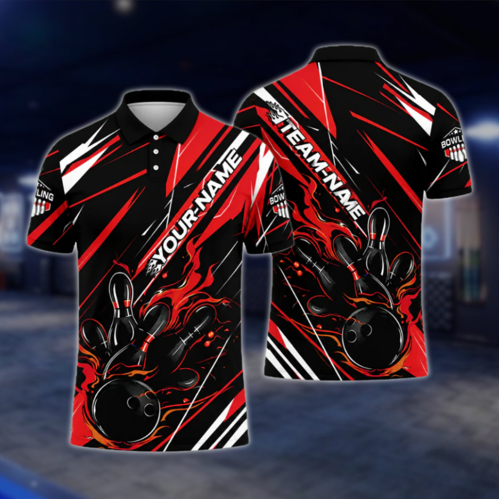 Custom Flame Orange Black Bowling Mens Polo Shirt, Custom Flame Bowling Team Shirts BZ0484 BOW0405