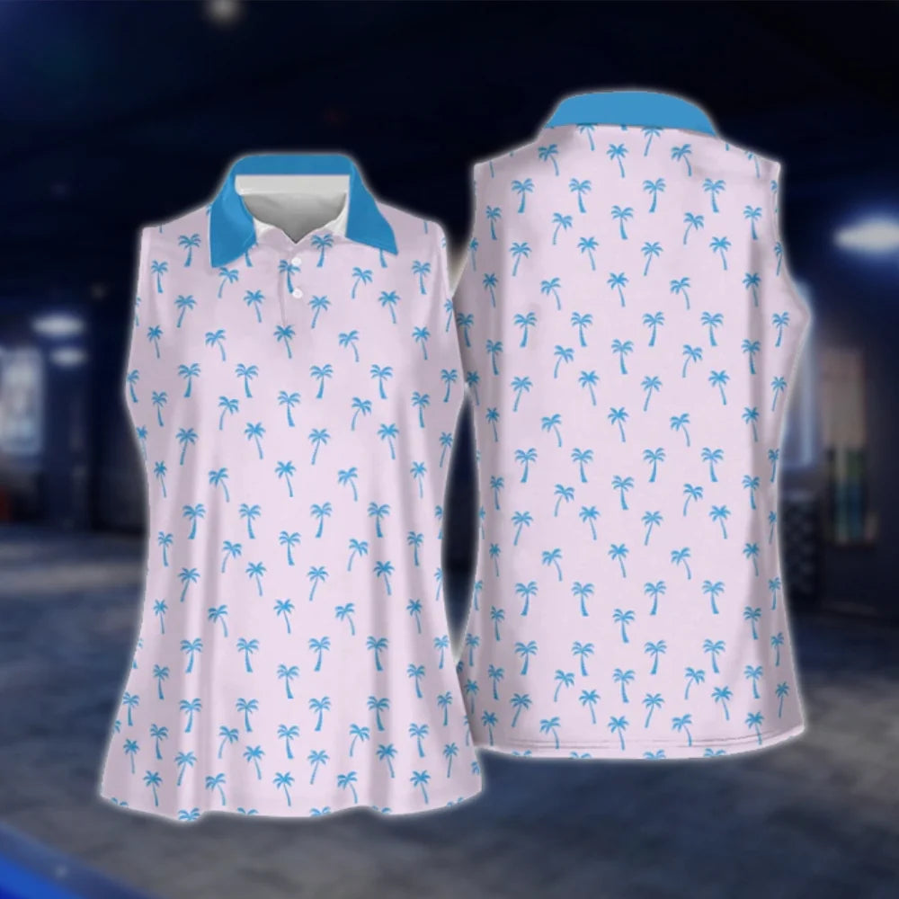 Matching Tropical Palm Tree Pink Blue Golf Shirts For Couples, Tropical Matching Golf Shirts GOF0180