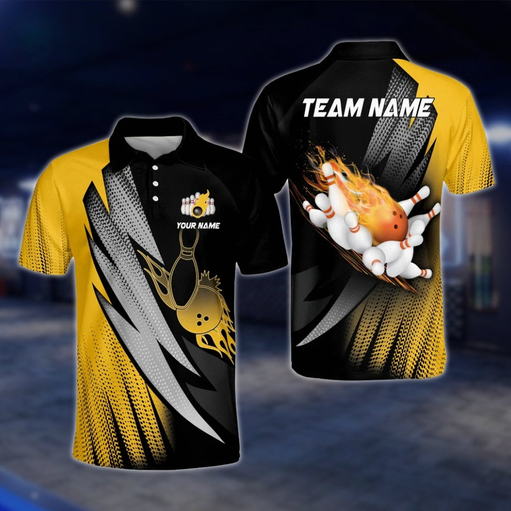 Custom Flaming Purple Black Men's Bowling Polo Shirt, Custom Flame Bowling Shirts For Team BO0376 BOW0233