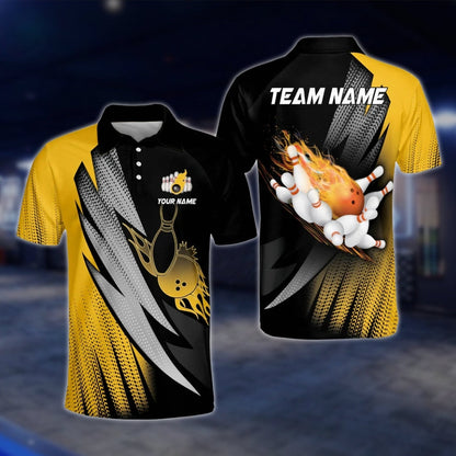 Custom Flaming Purple Black Men's Bowling Polo Shirt, Custom Flame Bowling Shirts For Team BO0376 BOW0233