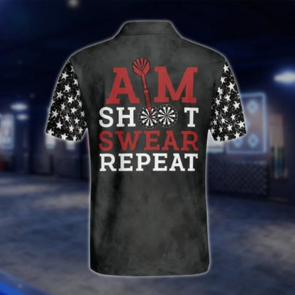 Custom Aim Shoot Swear Repeat Skull Dart Polo Shirt For Men, Custom Funny Dart Shirt DAT0454