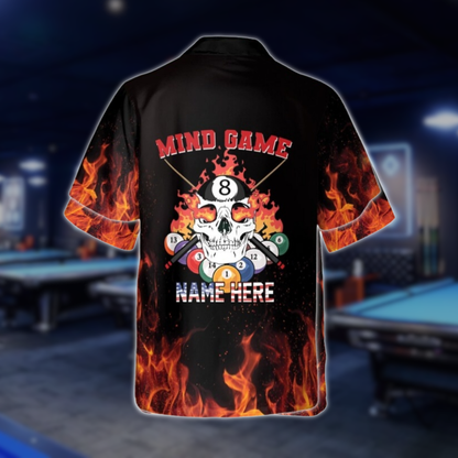 Custom Mind Game Flame Billiard Hawaiian Shirt For Mens, Custom Flame Skull Billiard Team Shirts BLD0165
