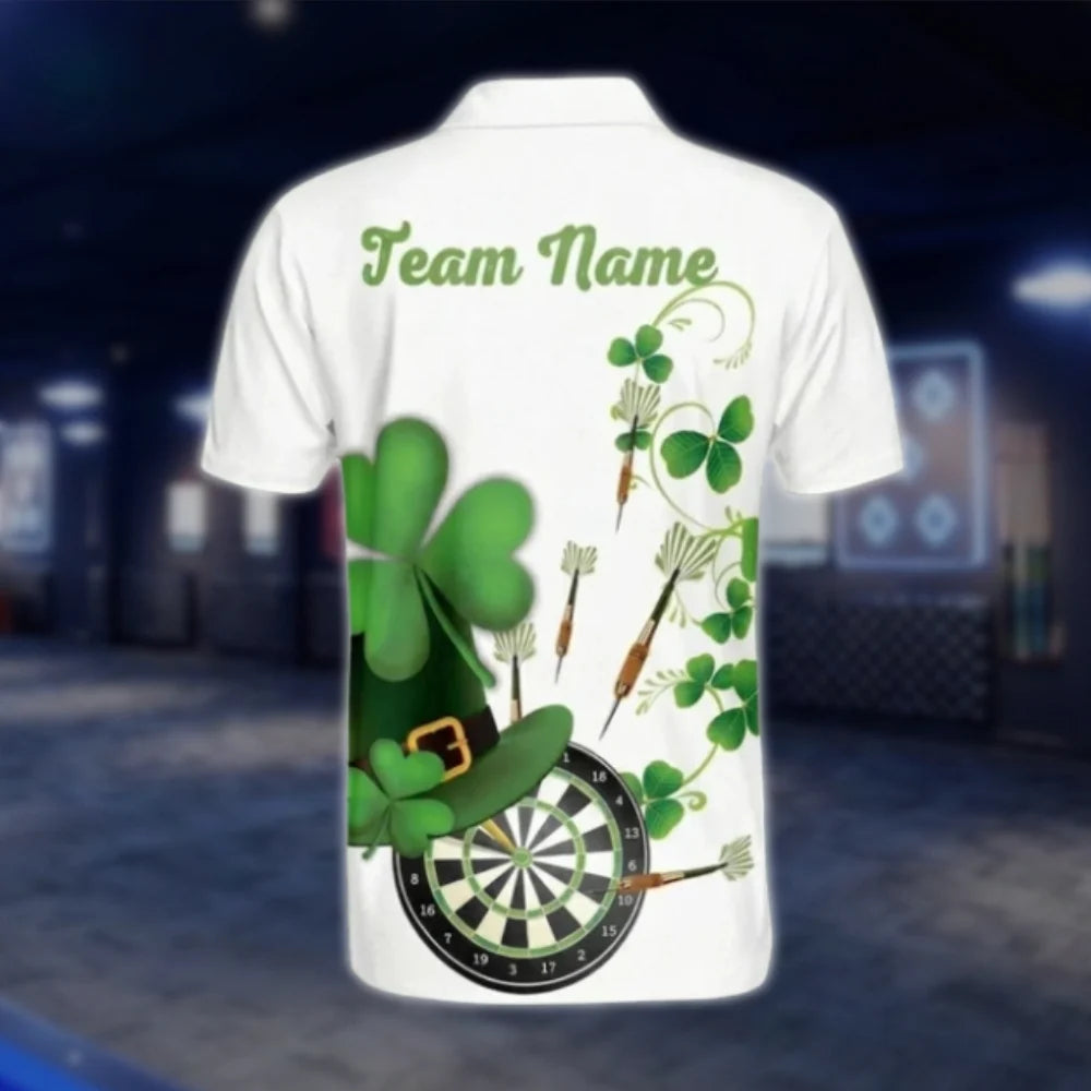Custom Shamrock Green White Mens Dart Polo Shirt, Custom St Patrick's Day Dart Team Shirts DAT0270