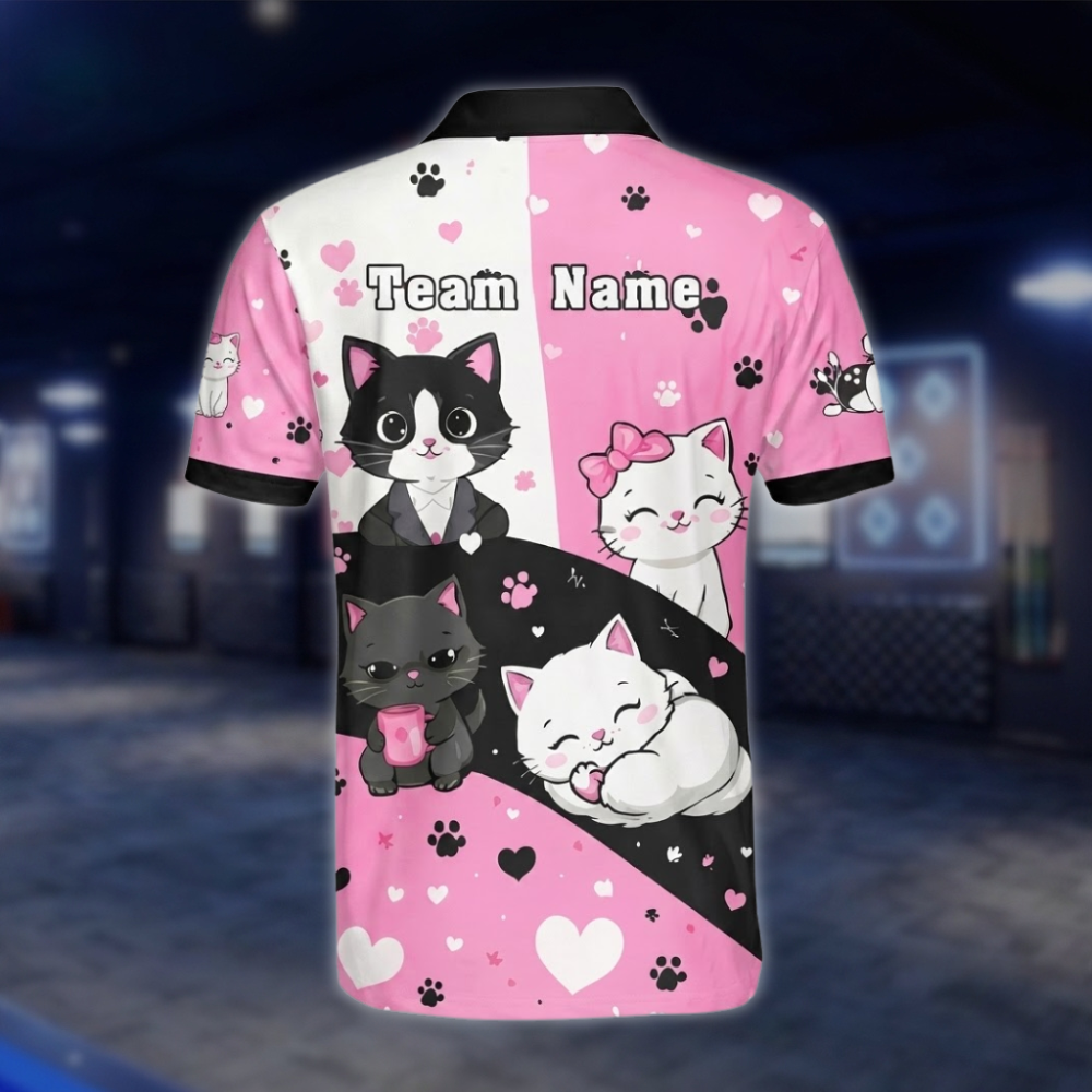 Personalized Cute Cate Bowling Polo Shirt Men, Pink White Custom Cat Bowling Shirt For Team BZ0853 BOW0095