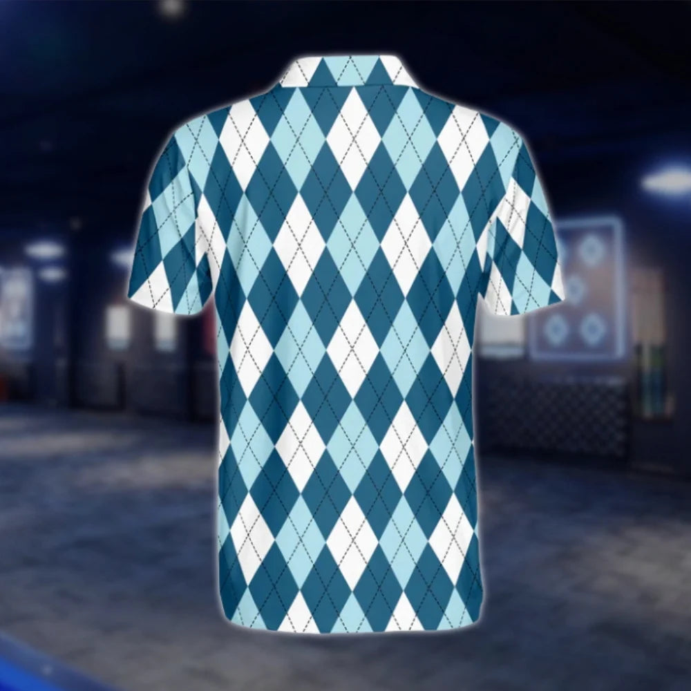 Argyle Blue White Mens Golf Polo Shirts, Argyle Golf Shirts GOF0185