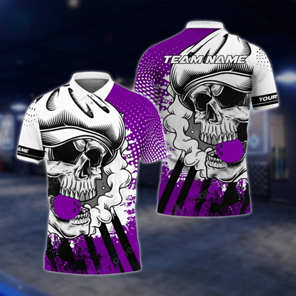 Personalized Skull White Red Bowling Polo Shirt For Men, Custom Skull Bowling Shirt For Team BZ0768 BOW0140