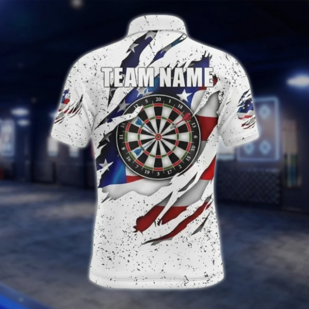 Men's Custom American Flag Grunge White Dart Polo Shirt, Custom Team Patriotic Dart Shirts DAT0407