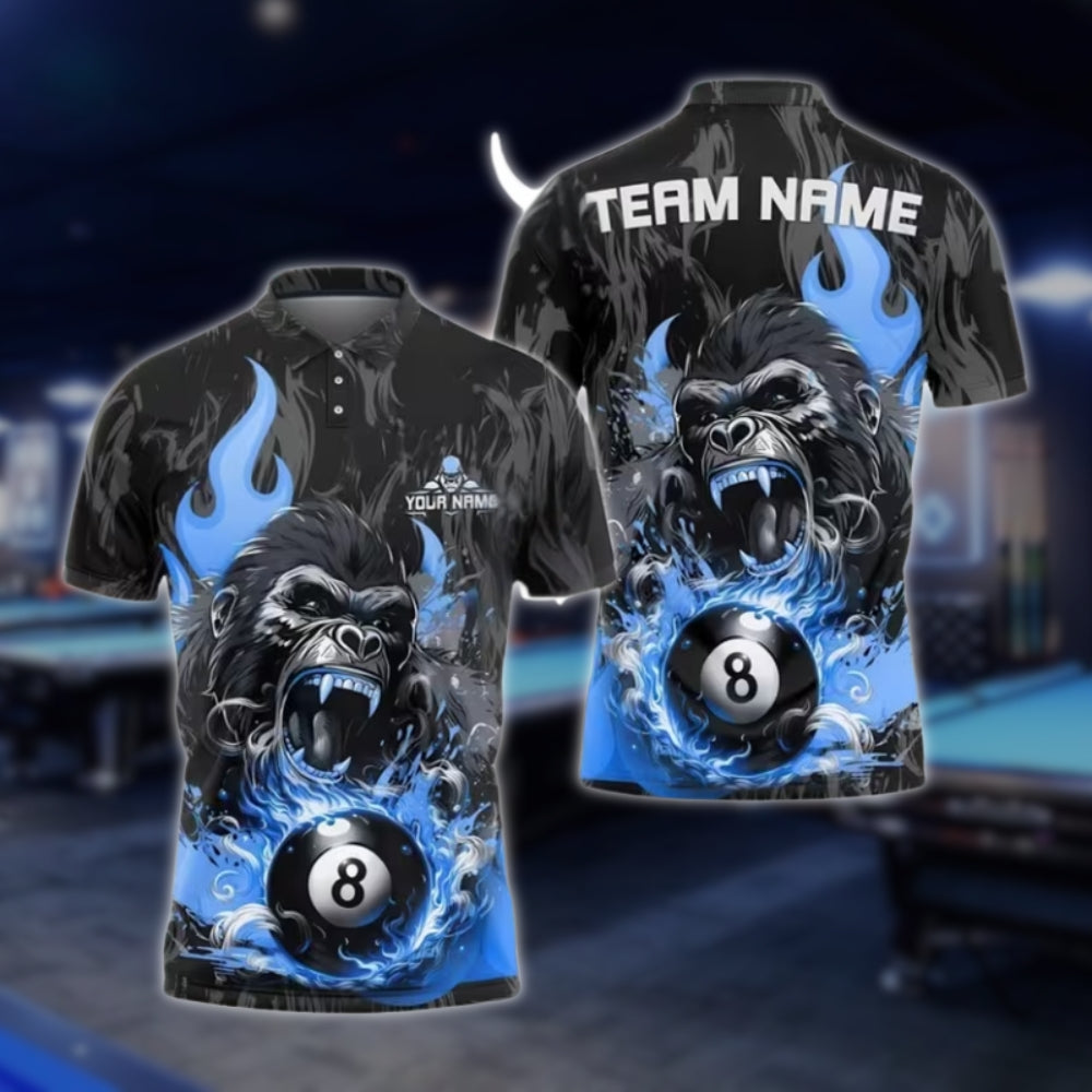 Custom Gorilla 8 Ball Billiard Men's Polo Shirts, Custom Gorilla Billiard Shirts For Team BLD0137