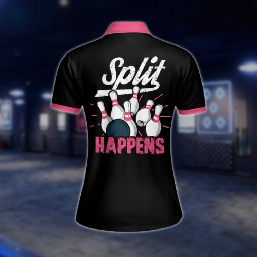 Split Happens Custom Argyle Pink Black Womens Bowling Polo Shirt, Custom Funny Bowling Shirt For Ladies BW0090 BOW0243