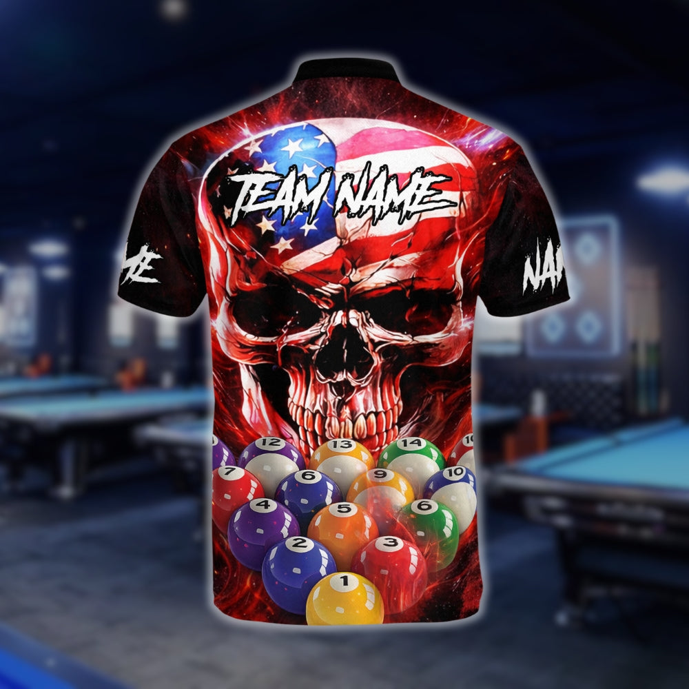 Custom American Flag Skull Billiard Men Jersey, Custom Patriotic Skull Billiard Team Shirts BLD0086
