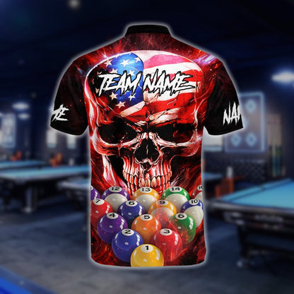 Custom American Flag Skull Billiard Men Jersey, Custom Patriotic Skull Billiard Team Shirts BLD0086