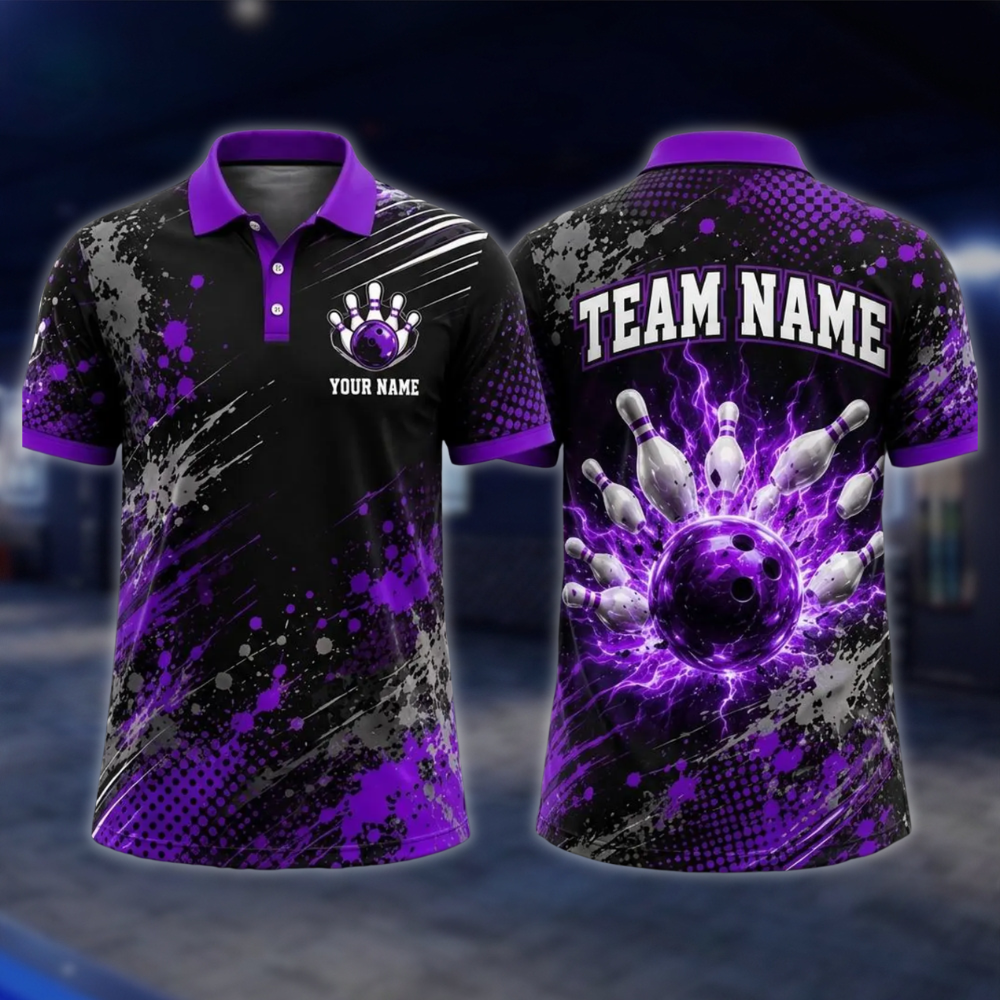 Personalized Thunder Bowling Mens Polo Shirts Black And Blue, Custom Thunder Bowling Team Shirts BE0241 BOW0084