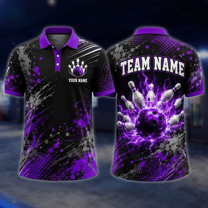 Personalized Thunder Bowling Mens Polo Shirts Black And Blue, Custom Thunder Bowling Team Shirts BE0241 BOW0084