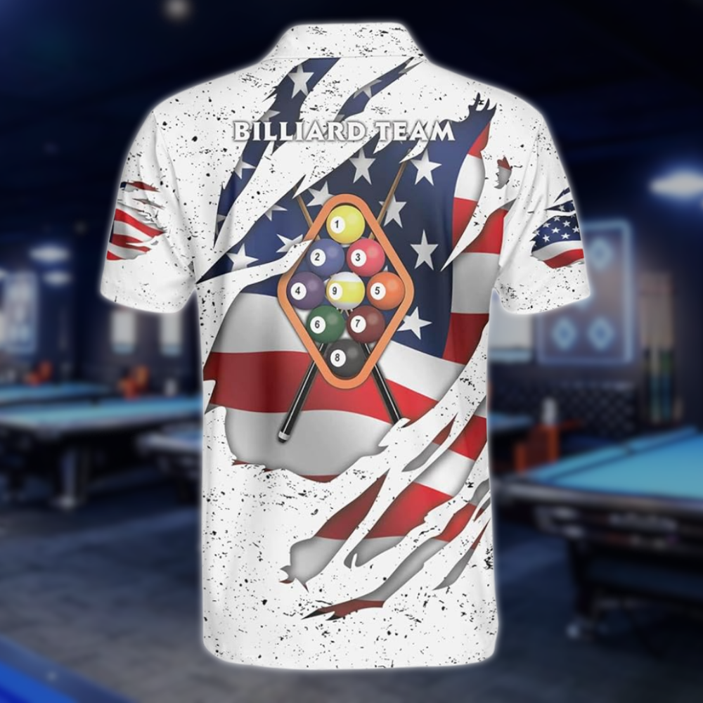 Custom White Grunge USA Flag Billiard Polo Shirt Mens, Custom Patriotic Billiard Team Shirts BLD0287