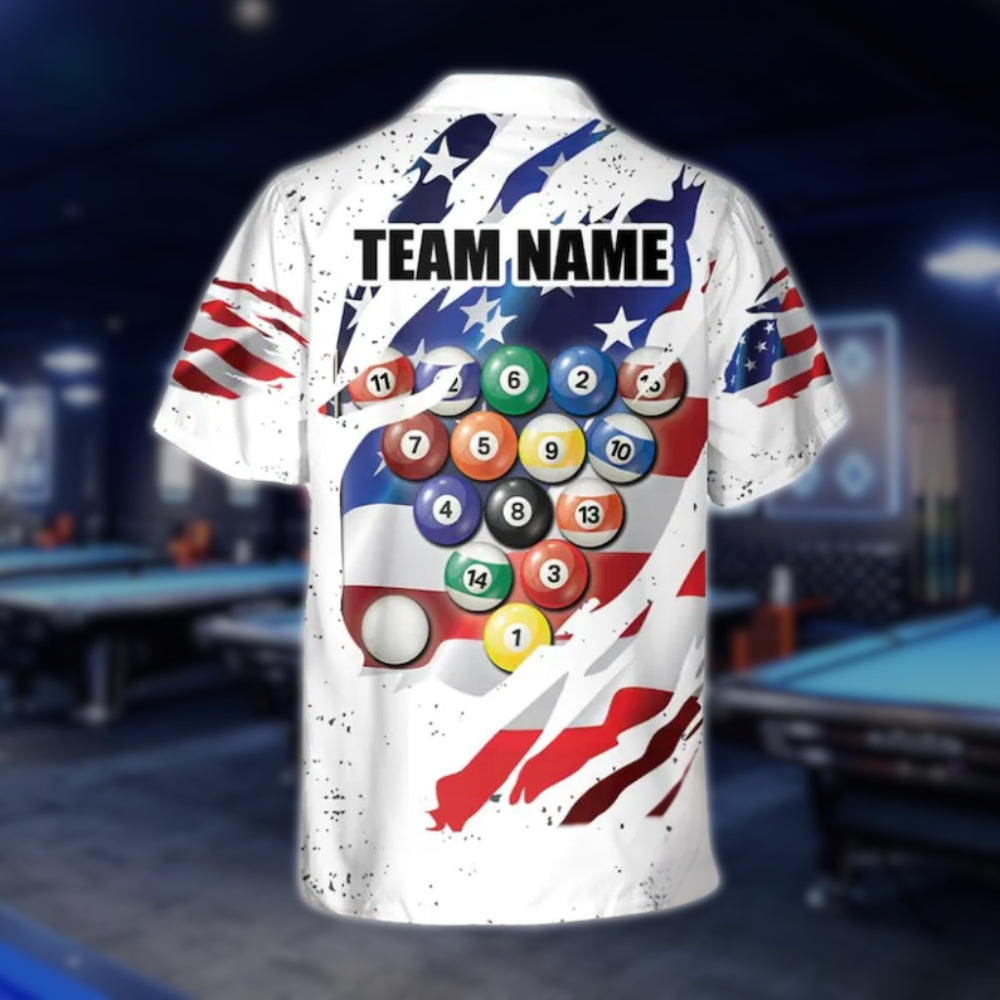Custom White USA Flag Billiard Hawaiian Shirt For Mens, Custom Team Patriotic Billiard Shirts BLD0136