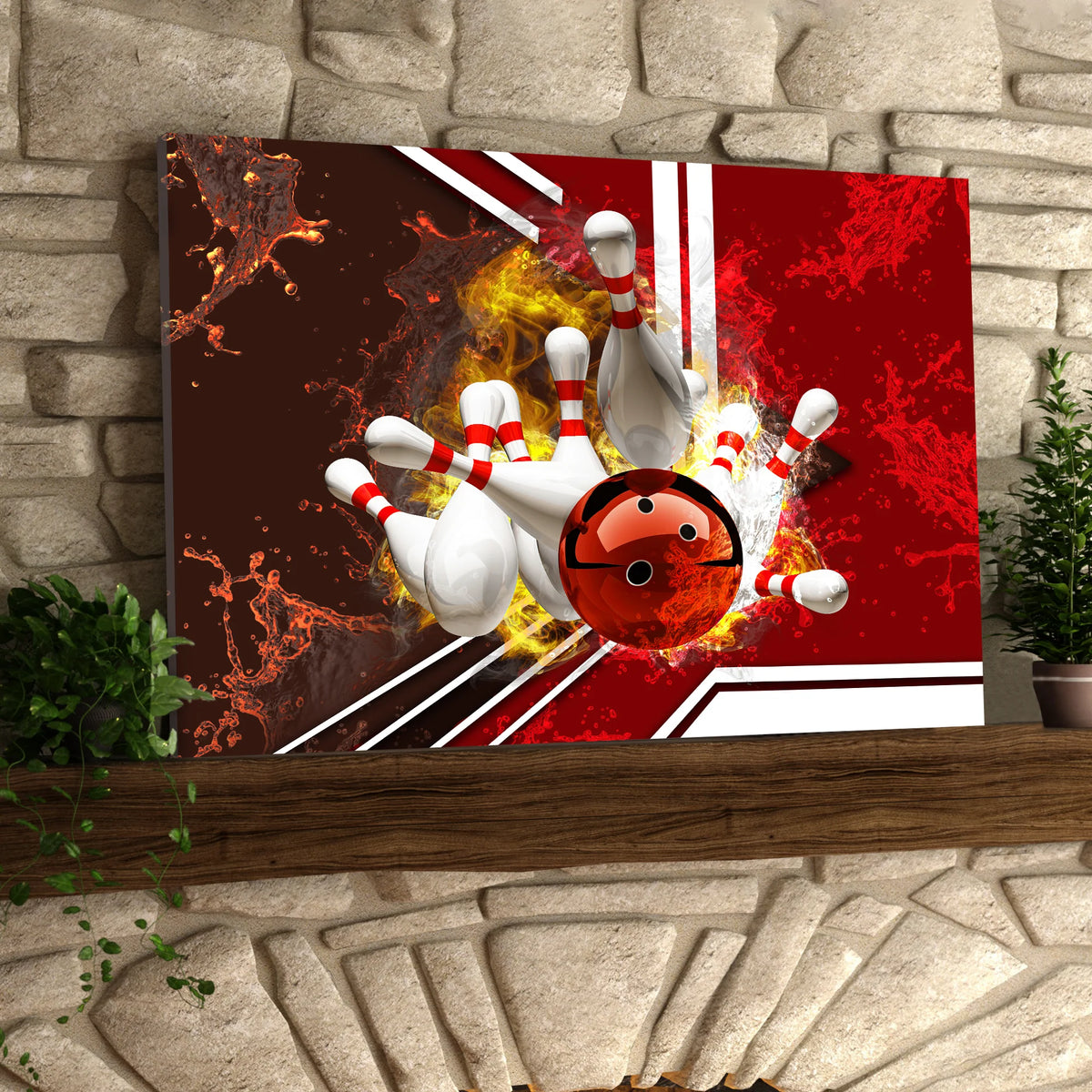 Red Bowling Ball On Fire Crashing Pins Graphic Printed Canvas Bowl Game Living Room Decor Gift For Bowlers ORN0131