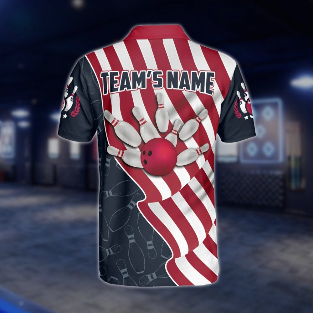 American Flag Custom Mens Bowling Polo Shirt, Custom Patriotic Bowling Team Shirts BZ0208 BOW0191