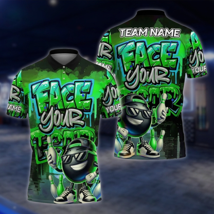Face Your Fear Personalized Fun Ball Bowling Polo Shirt Men, Custom Funny Team Bowling Shirt Graffiti BZ0859 BOW0089