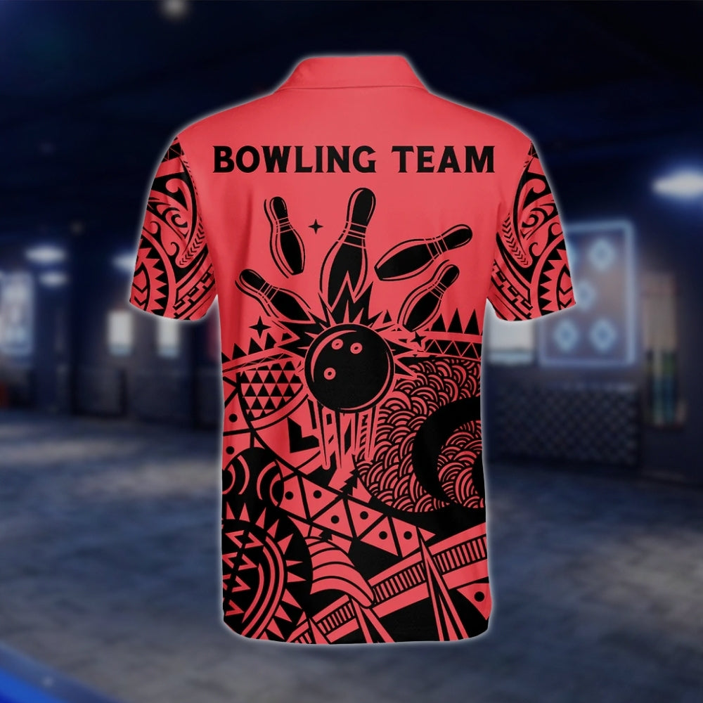 Men's Custom Black And Red Tribal Bowling Polo Shirt, Custom Tribal Bowling Team Shirts BZ0203 BOW0482