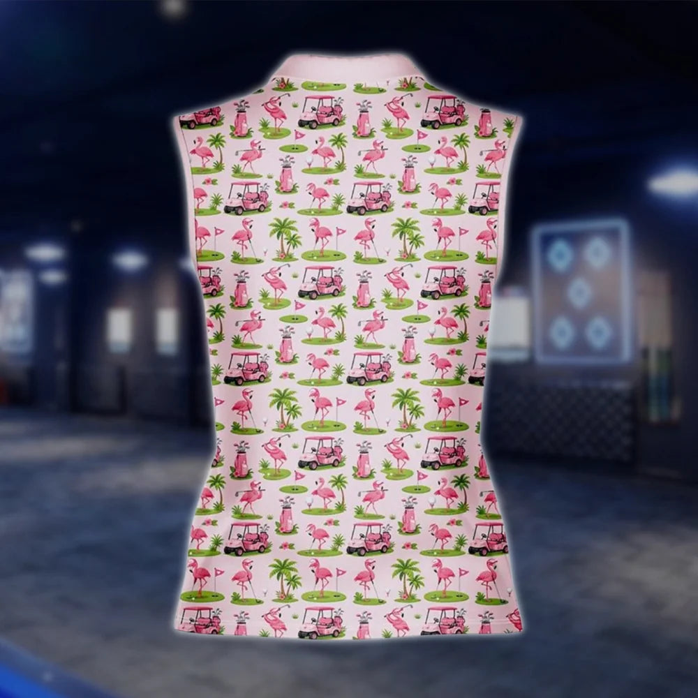 Flamingo Pink Womens Sleeveless Golf Shirt, Flamingo Golf Shirt For Ladies GOF0015