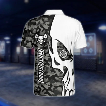Custom Skull Camo Men's Dart Polo Shirt, Custom Skull Dart Team Shirt Black And White DAT0438