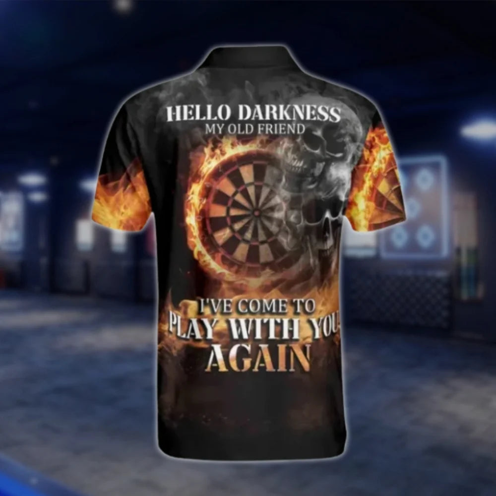 Custom Hello Darkness My Old Friend I've Come To Play With You Again Men's Skull Fire Dart Polo Shirt, Custom Funny Skull Dart Team Shirts DAT0374