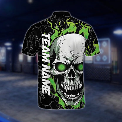 Skull Flaming Custom Green Black Bowling Mens Jersey, Custom Skull Bowling Shirts Team BZ0144 BOW0450