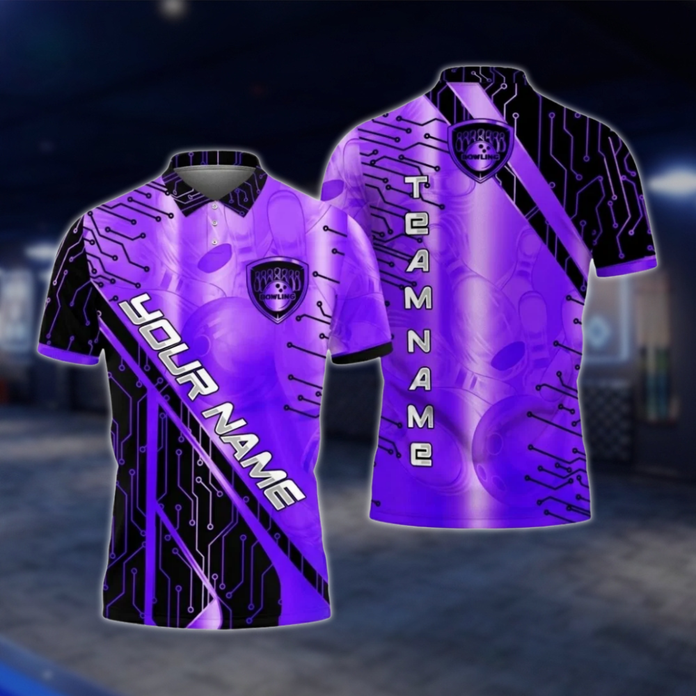 Personalized Cyan Black Electronic Circuit Bowling Polo Shirt For Men, Custom Team Bowling Shirt BZ0780 BOW0127