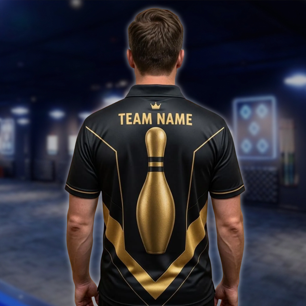 Personalized Men's Team Bowling Polo Shirt Black And Gold, Custom Bowling Team Shirts BE0240 BOW0085