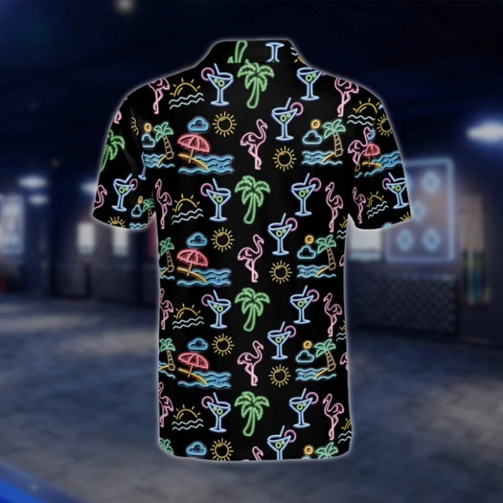 Neon Flamingo Beach Cocktail Golf Polo Shirts Mens, Flamingo Tropical Golf Shirt GOF0189