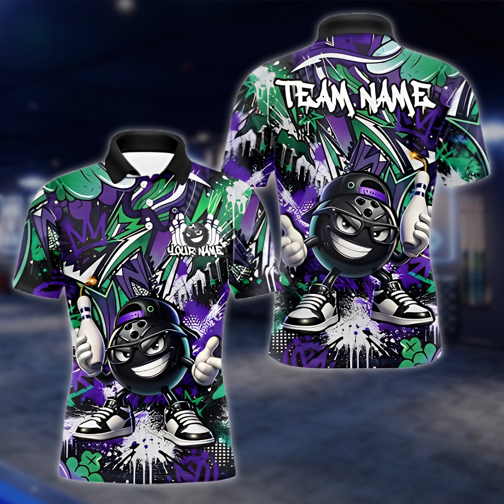 Funny Ball Personalized Graffiti Mens Bowling Polo Shirt, Custom Team Bowling Shirt BZ0914 BOW0012