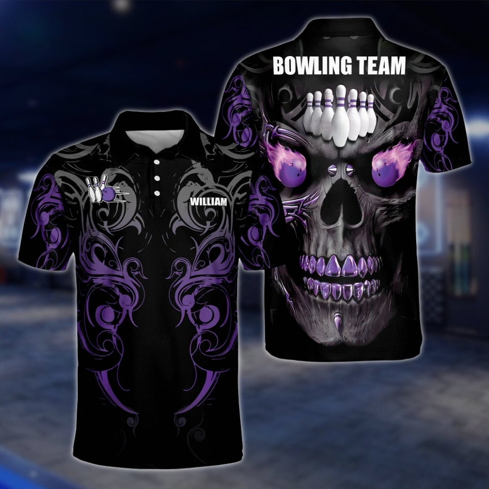 Custom Skull Green Black Bowling Mens Polo Shirt, Custom Skeleton Bowling Team Shirts BZ0188 BOW0261