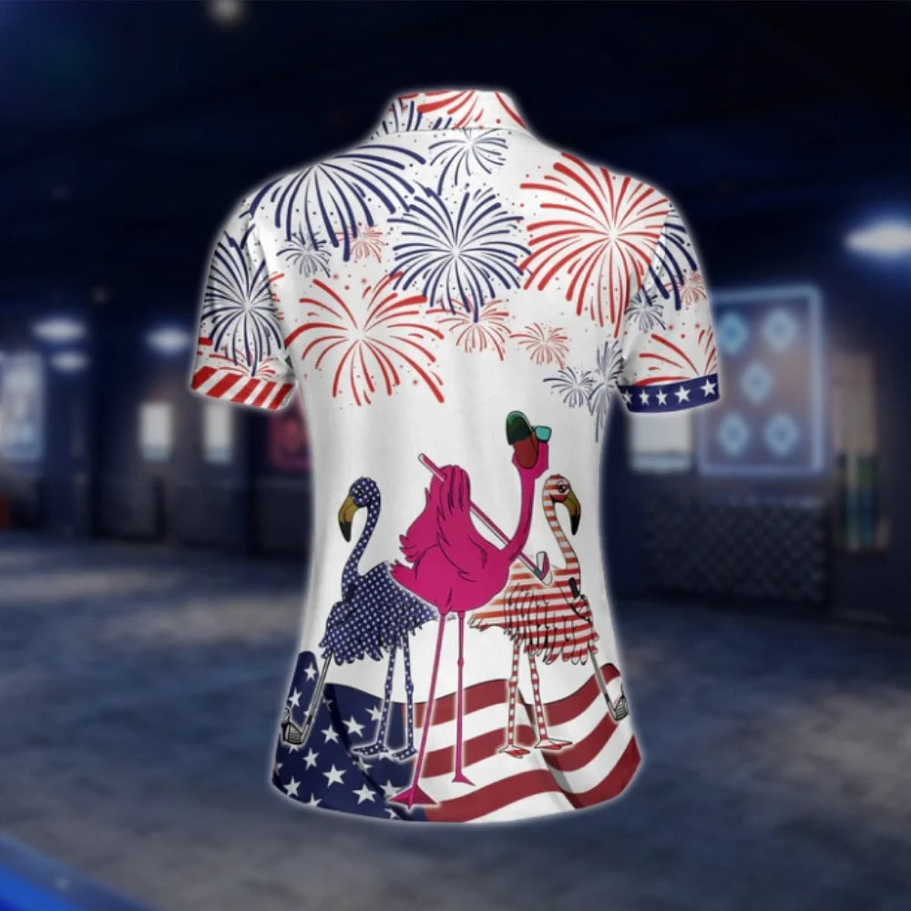 Flamingo Firework American Flag Golf Polo Shirts For Women, Ladies Flamingo Golf Shirts For Indepence Day GOF0268