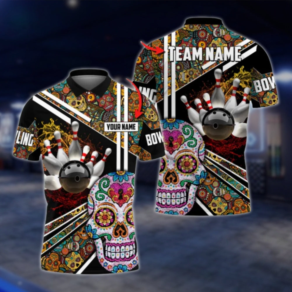 Sugar Skull Custom Mens Bowling Polo Shirt, Custom Skull Day Of The Dead Bowling Team Shirts BO0337 BOW0403