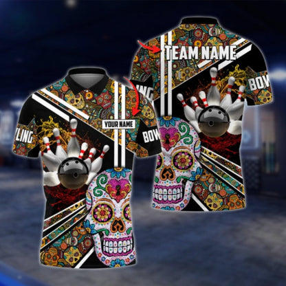 Sugar Skull Custom Mens Bowling Polo Shirt, Custom Skull Day Of The Dead Bowling Team Shirts BO0337 BOW0403