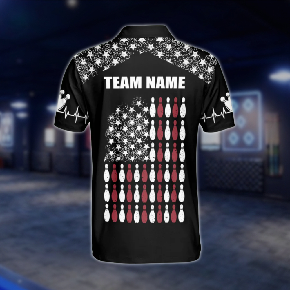 Personalised American Flag Black Polo Bowling Team Shirts, Custom Patriotic Bowling Shirts Team BZ0049 BOW0460