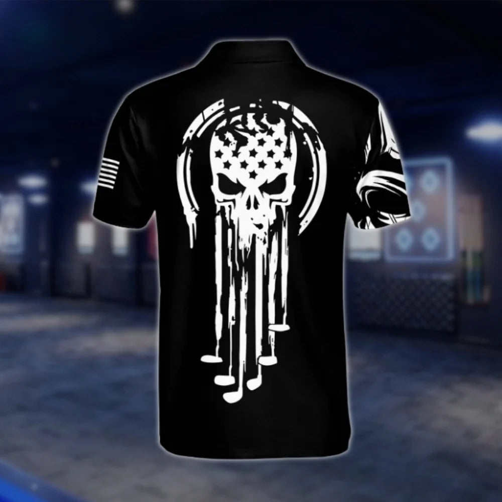 Skull American Flag Mens Black White Golf Polo Shirts, Skull Golf Shirt GOF0198