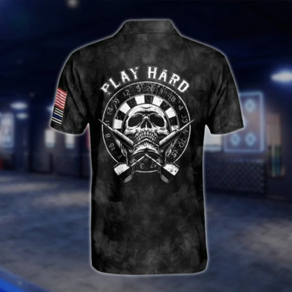 Play Hard Custom Skeleton Dart Polo Shirt For Men, Black And White Custom Skull Dart Shirts DAT0451
