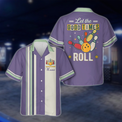 Let The Good Times Roll Personalized Retro Bowling Hawaiian Shirt Men And Women, Custom Funny Bowling Shirt Cyan BE0216 BOW0111