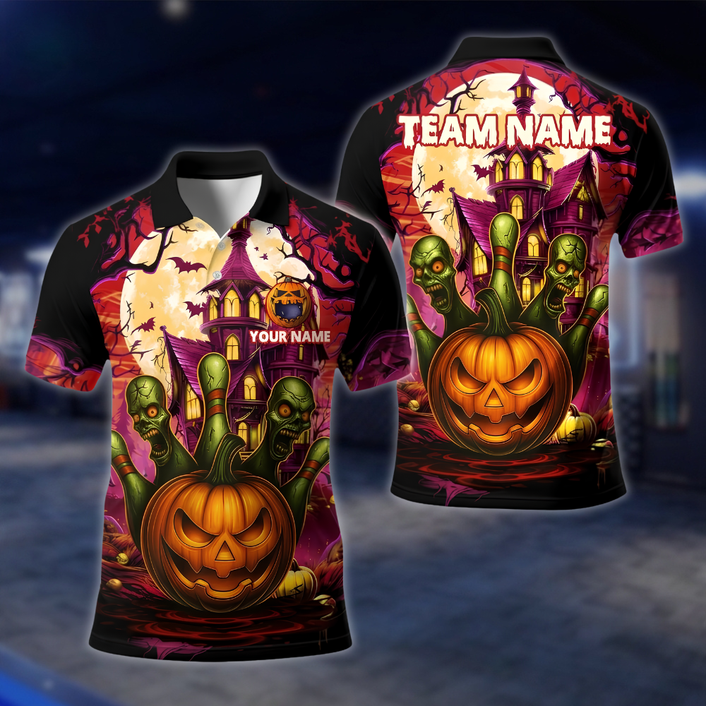 Personalized Skull Pumpkin Bowling Polo Shirt Mens, Custom Halloween Bowling Shirt For Team BE0249 BOW0033