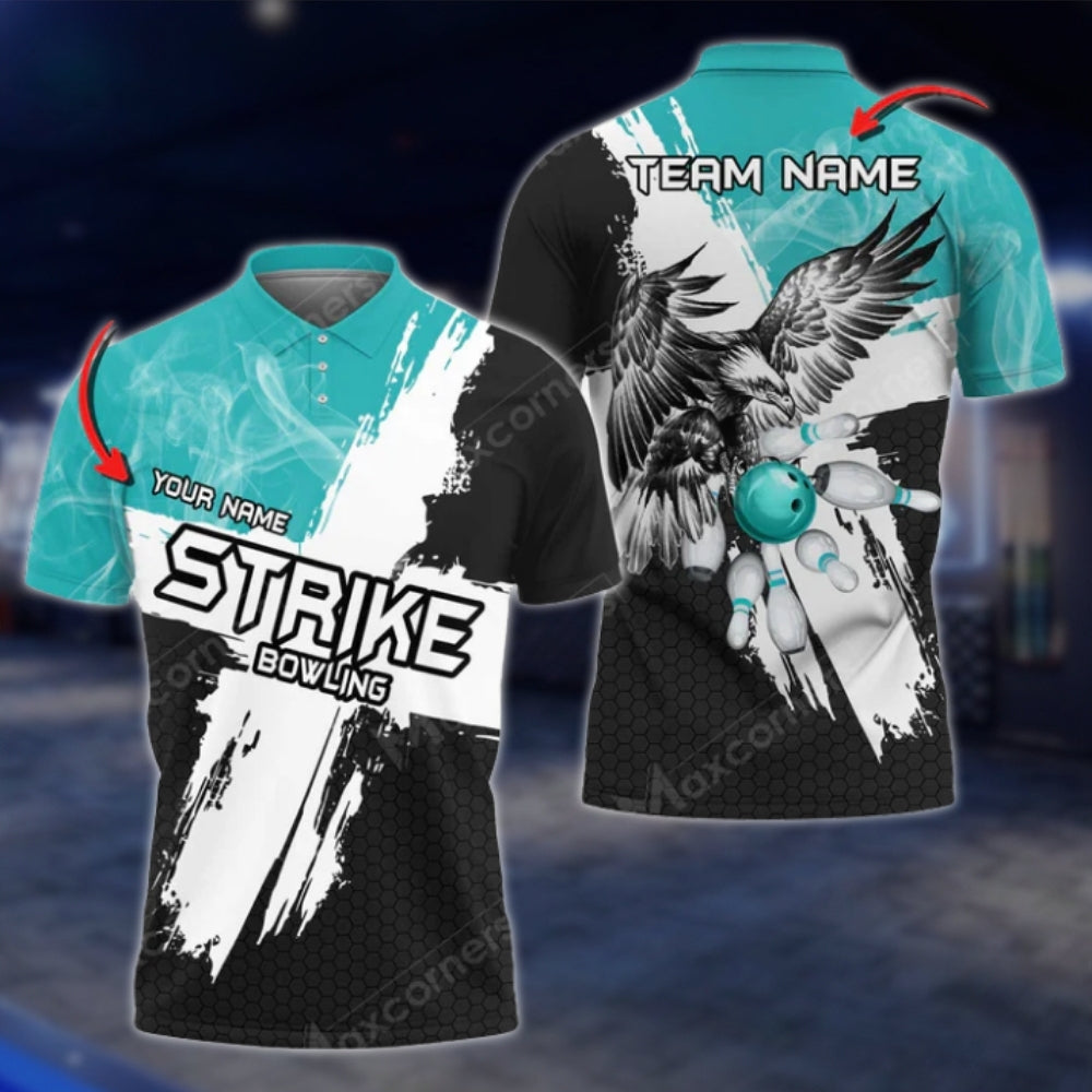 Ealge Strike Custom Black And White Bowling Mens Polo Shirts, Custom Eagle Bowling Team Shirts BO0412 BOW0256