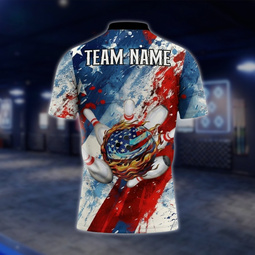 Personalized American Flag Bowling Mens Polo Shirt Watercolor, Custom Bowling Patriotic Team Shirts BZ0741 BOW0178